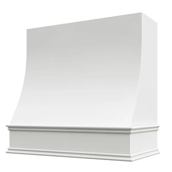 Campana extractora de madera blanca con frente inclinado y borde decorativo: anchos disponibles de 30", 36", 42", 48", 54" y 60"