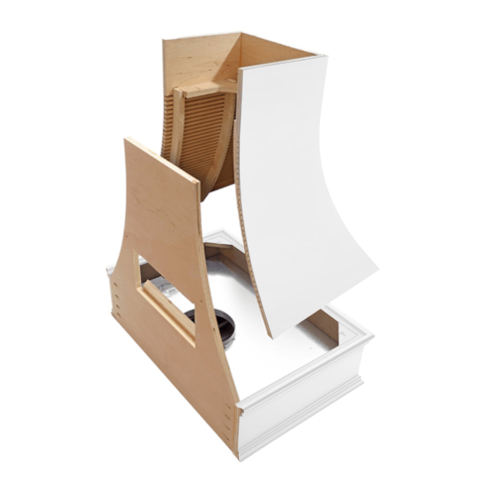 Campana extractora blanca con frente curvo con tiras y borde en forma de bloque: anchos disponibles de 30