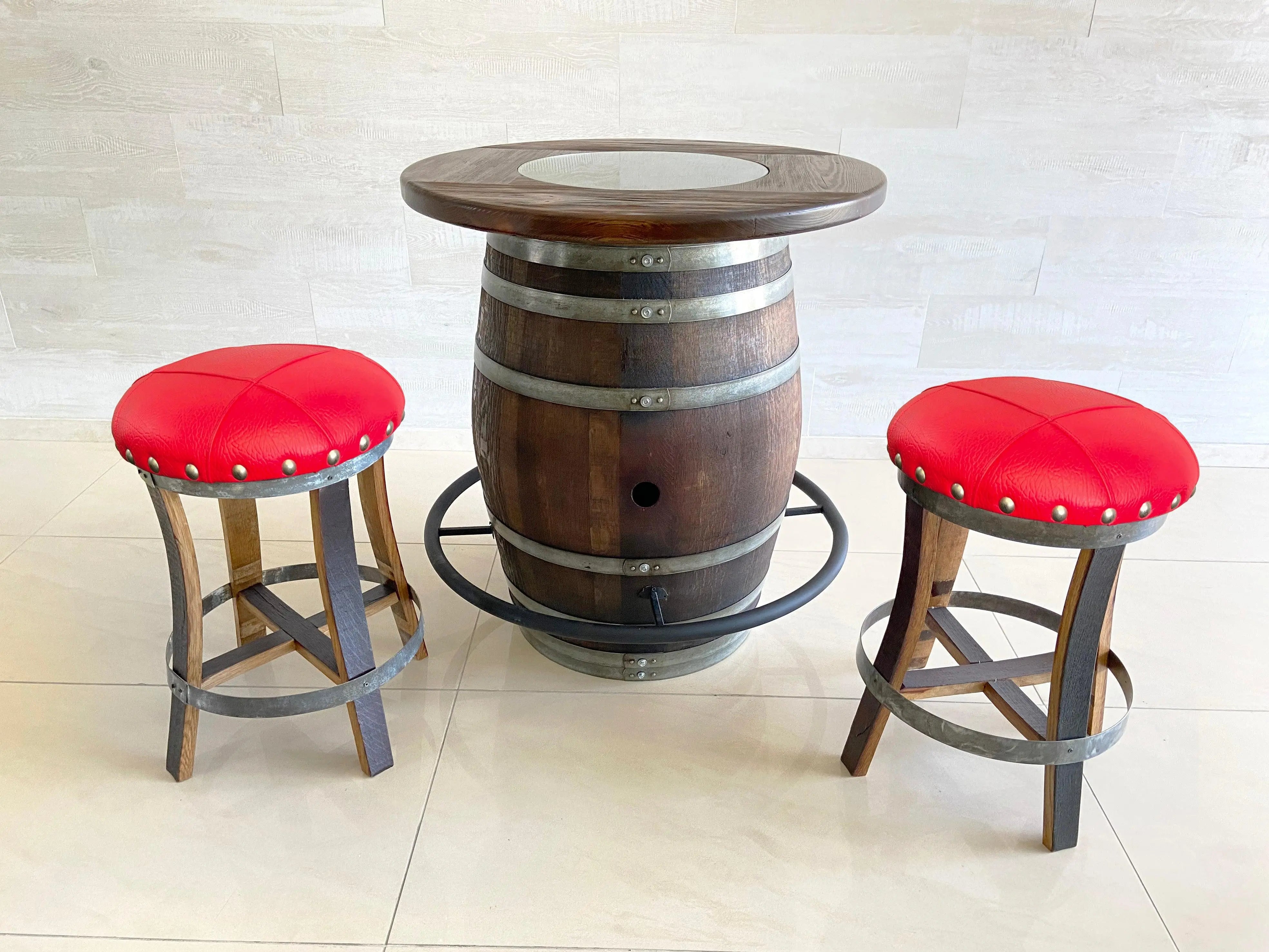 Mesa de bar de roble para whisky, vino y bistró, con reposapiés y taburetes, ideal para el hogar, la cueva del hombre, el bistró de whisky y el bistró de vinos, con bar de barril y tapa de cristal.