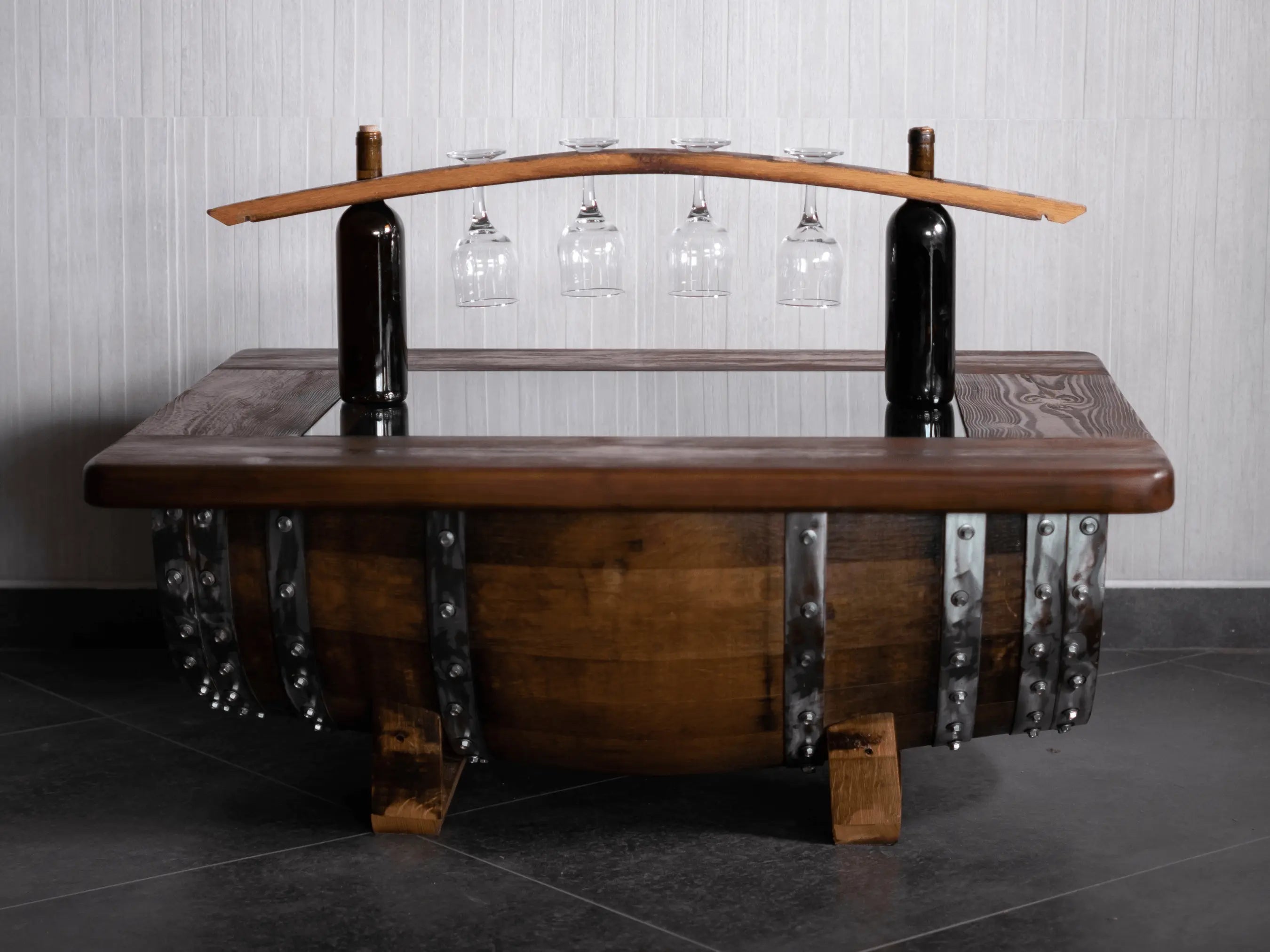 Mesa de centro de barril con tapa de cristal extraíble - Mesa de almacenamiento de barril de vino, whisky y bourbon - Muebles rústicos
