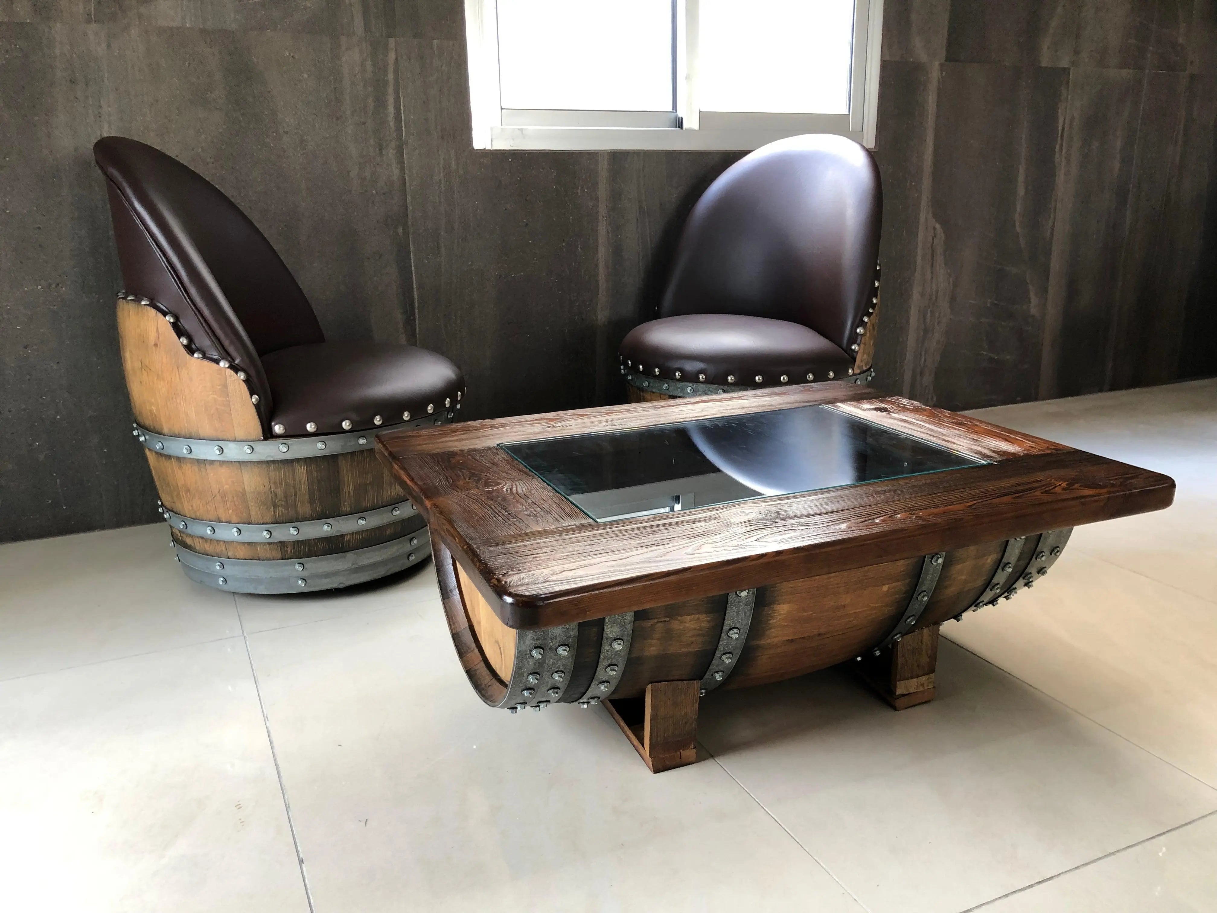 Mesa de centro de barril con tapa de cristal extraíble - Mesa de almacenamiento de barril de vino, whisky y bourbon - Muebles rústicos