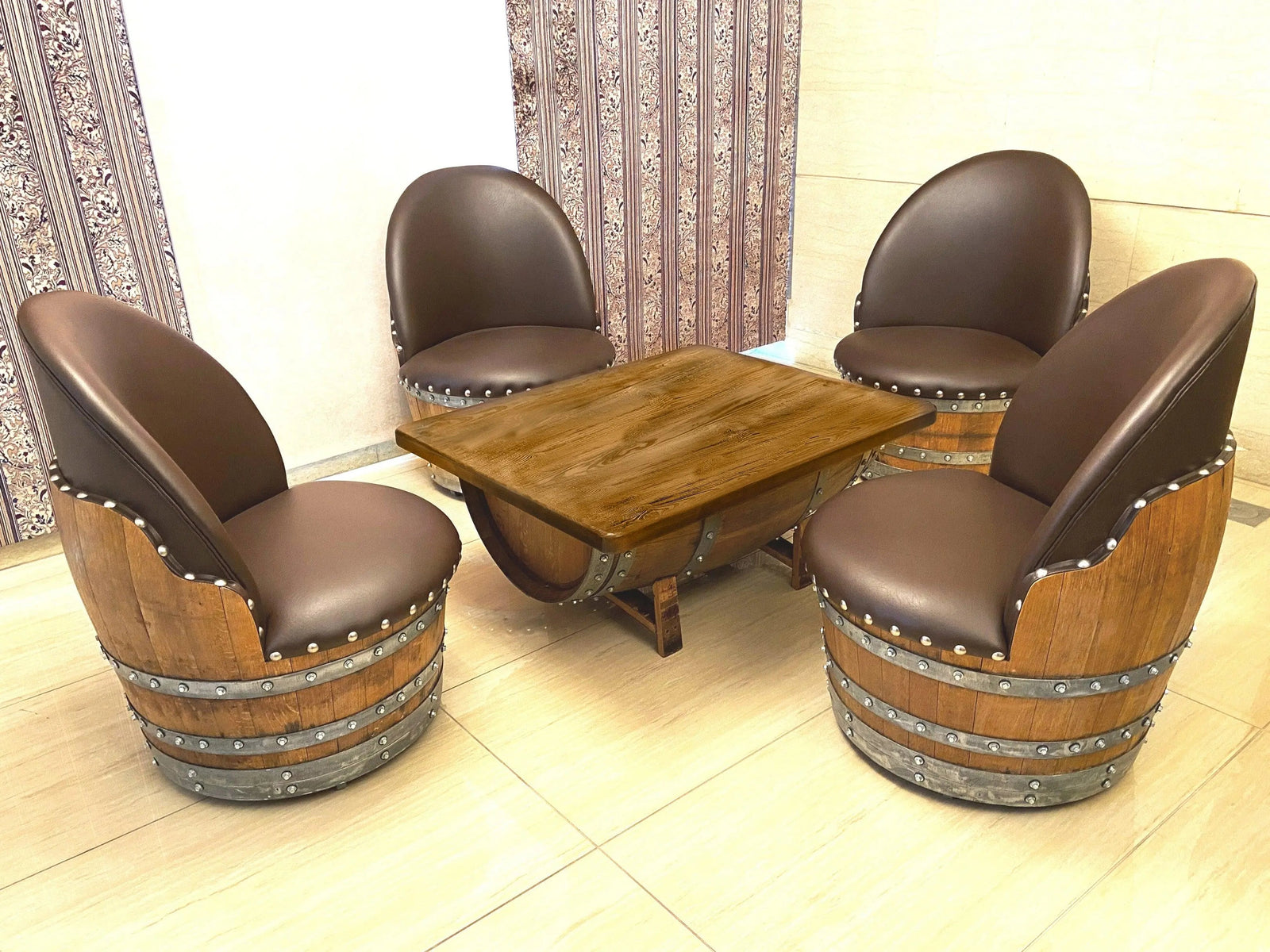 Mesa de centro de barril con tapa de cristal extraíble - Mesa de almacenamiento de barril de vino, whisky y bourbon - Muebles rústicos