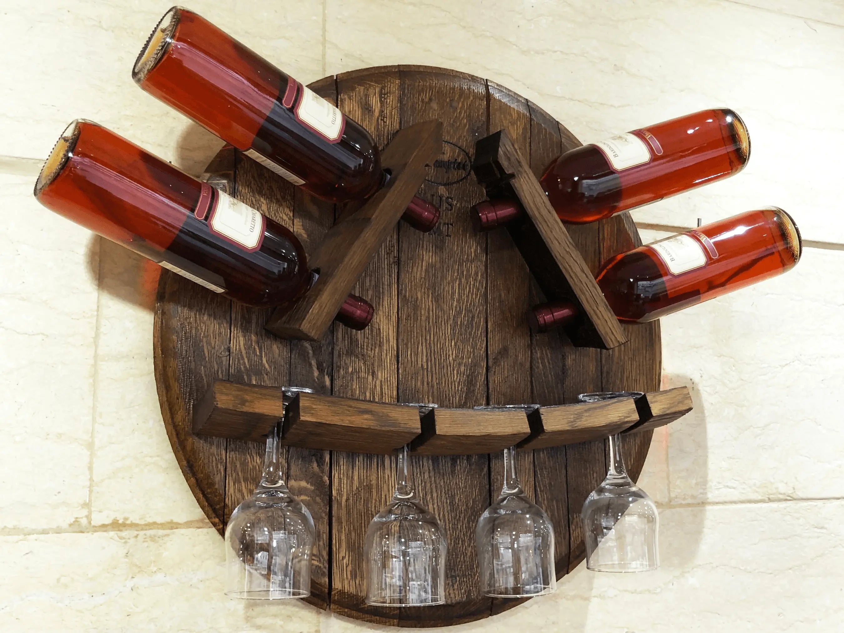 Botellero de pared con forma de barril para exhibición de botellas y copas - Botellero rústico de pared - Decoración única para barriles de vino