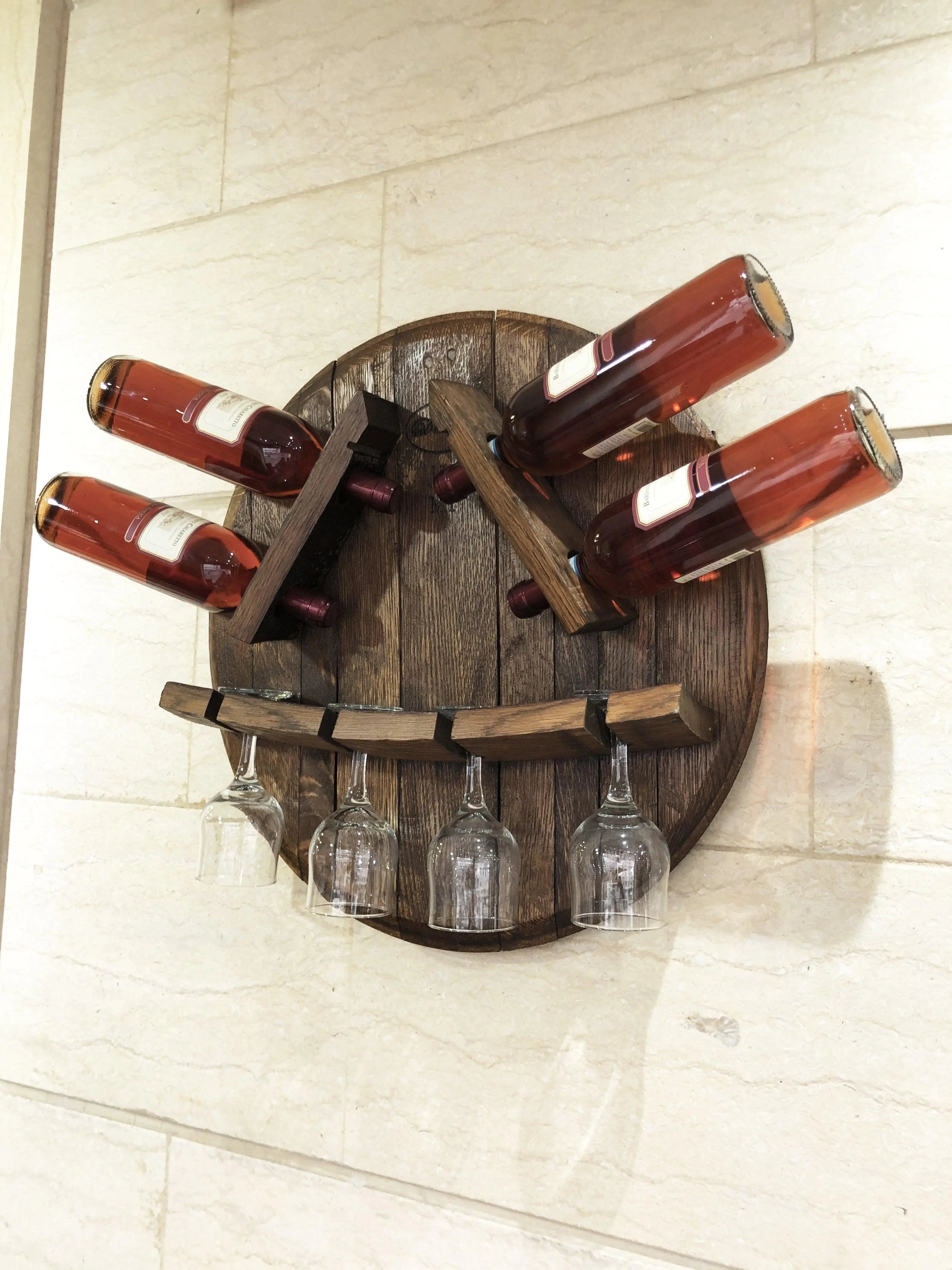 Botellero de pared con forma de barril para exhibición de botellas y copas - Botellero rústico de pared - Decoración única para barriles de vino