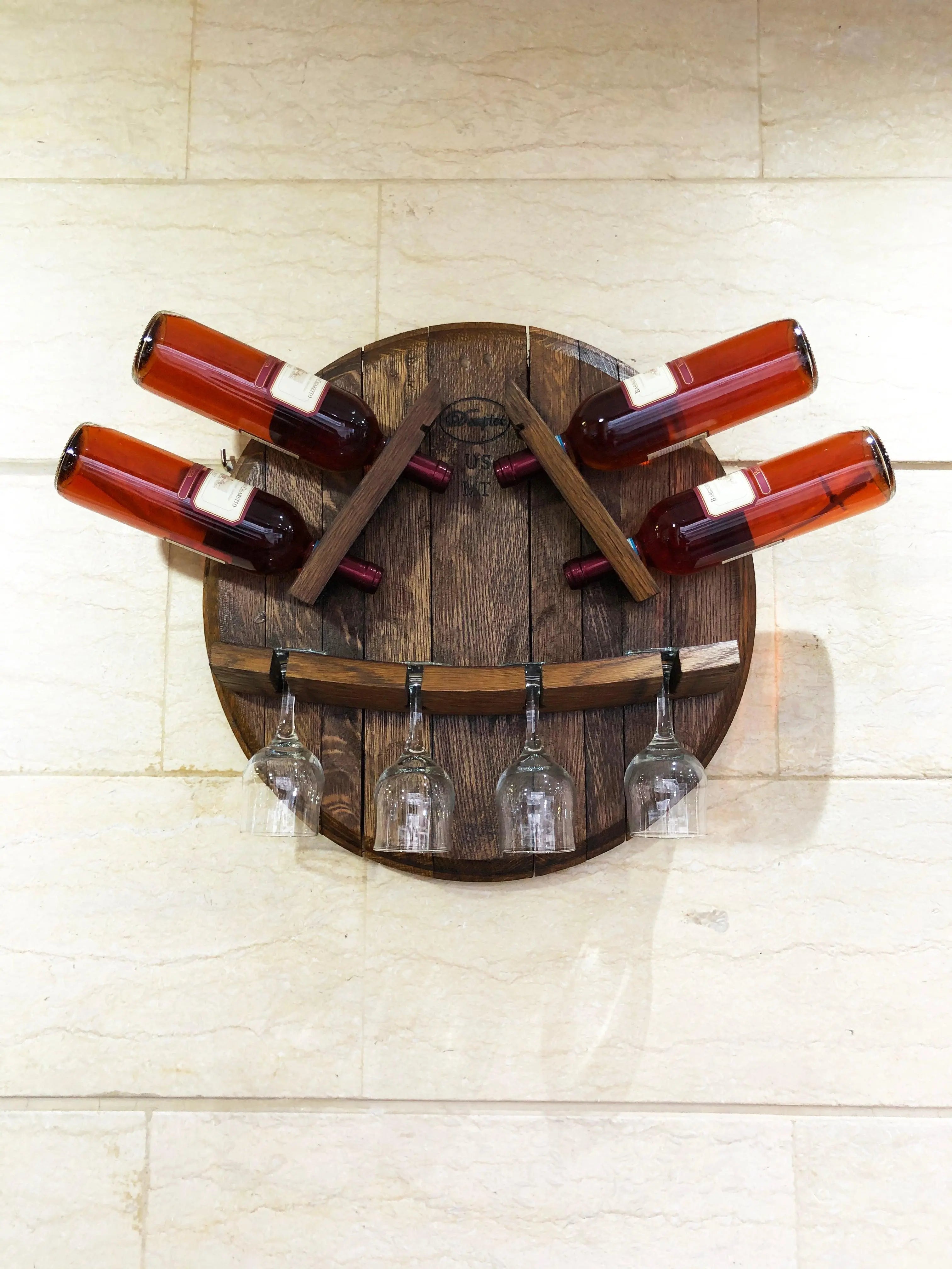 Botellero de pared con forma de barril para exhibición de botellas y copas - Botellero rústico de pared - Decoración única para barriles de vino