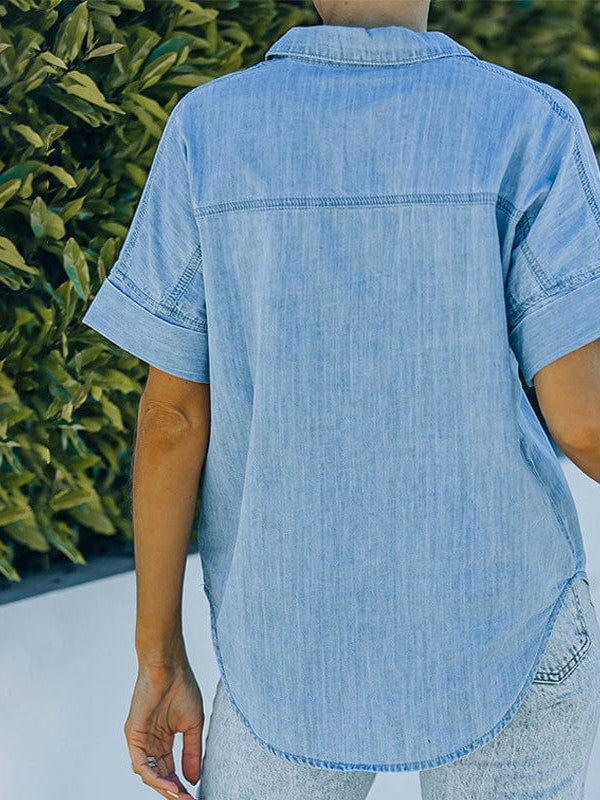 Women's Striped V-Neck Denim Shirt