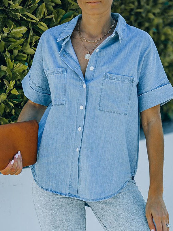 Women's Striped V-Neck Denim Shirt