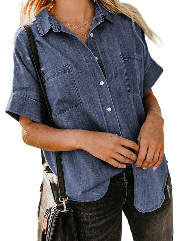 Women's Striped V-Neck Denim Shirt