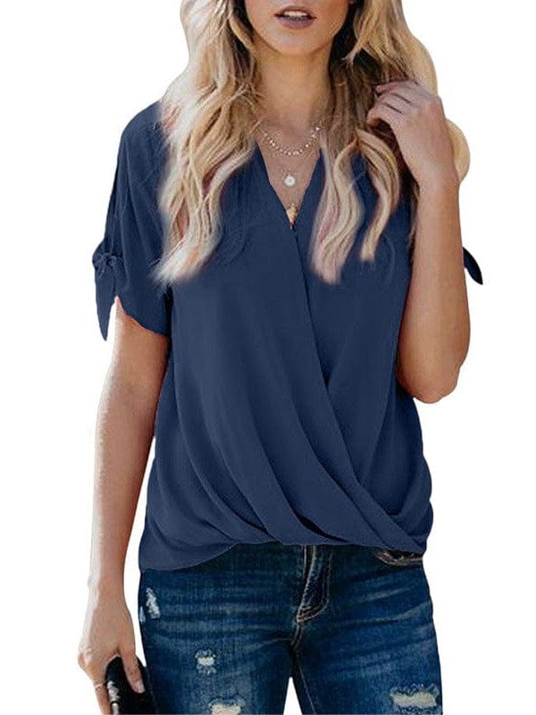 Elegant Solid Color Draped Blouse