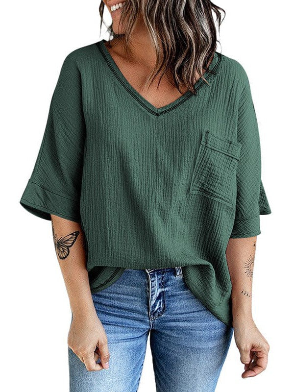 Casual V-Neck Top with Half Sleeves