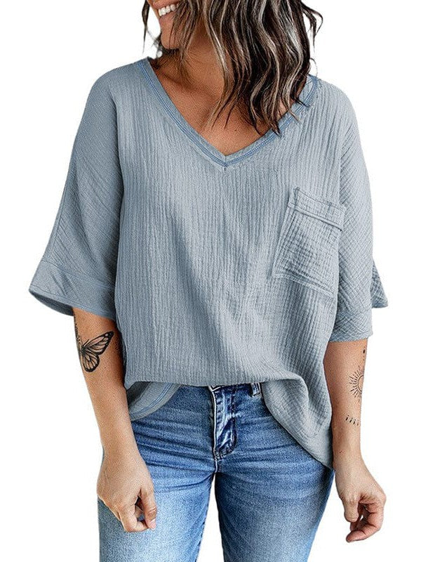 Casual V-Neck Top with Half Sleeves