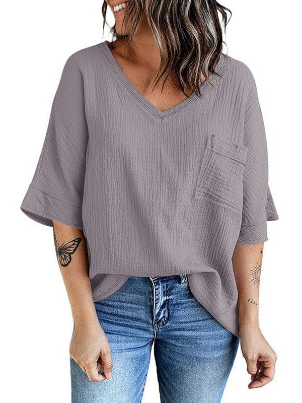 Casual V-Neck Top with Half Sleeves