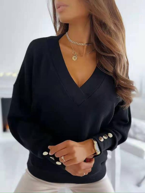 Long Sleeve Knit Top with V-Neck and Buttons