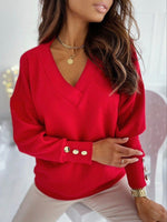 Long Sleeve Knit Top with V-Neck and Buttons