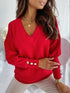 Long Sleeve Knit Top with V-Neck and Buttons