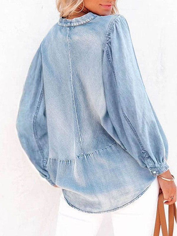 Women'S V-Neck Denim Top With Lantern Sleeves And Simple Pullover