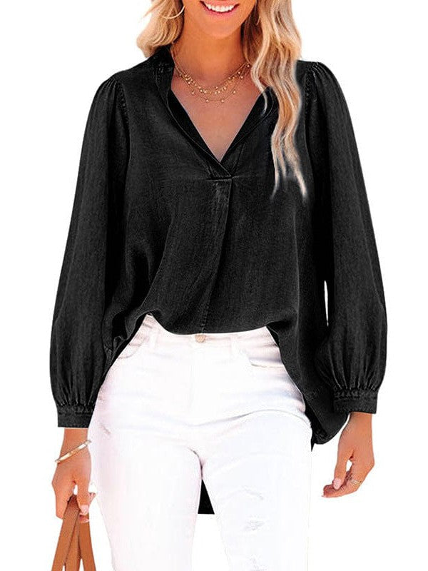 Women'S V-Neck Denim Top With Lantern Sleeves And Simple Pullover