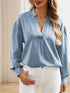 Women'S V-Neck Denim Top With Lantern Sleeves And Simple Pullover