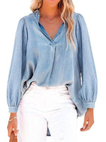 Women'S V-Neck Denim Top With Lantern Sleeves And Simple Pullover