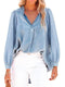Women'S V-Neck Denim Top With Lantern Sleeves And Simple Pullover