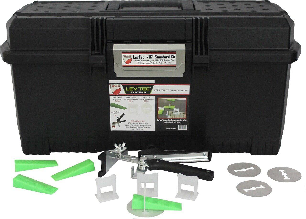Lev Tec LT116KIT Tile Leveling Starter Kit (1 Pliers, 500 1-16" Clips, 250 Wedges, 100 Clear Protection Plates included in tool box)